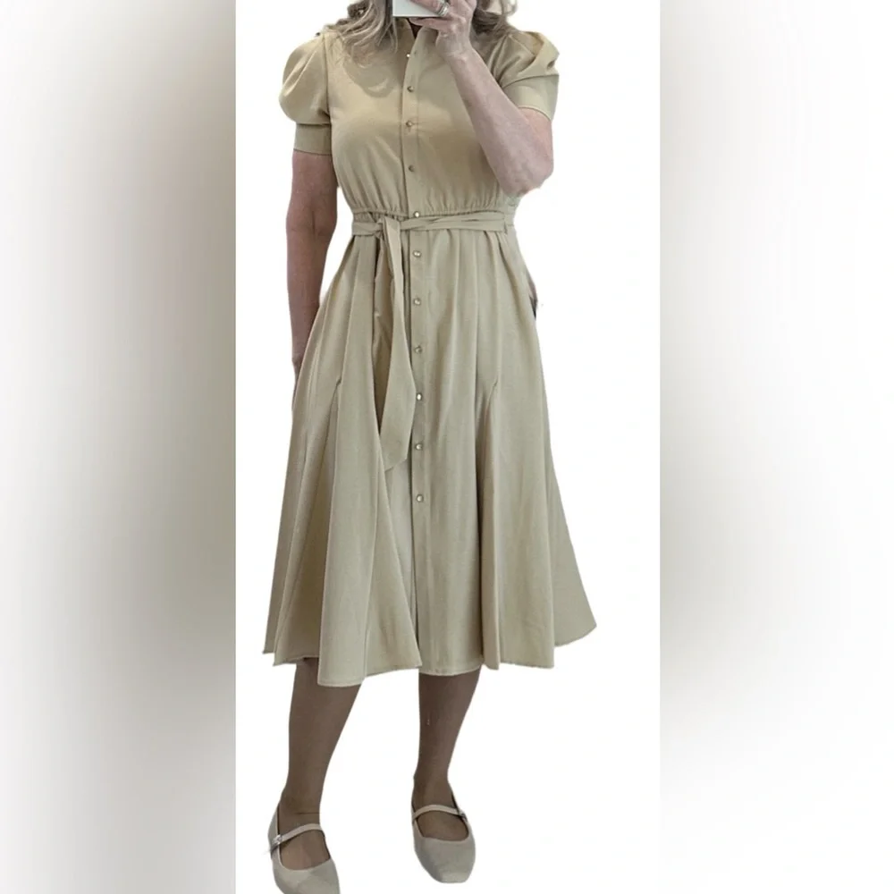 Nanette Lepore belted button front shirt dress in warm sand color midi - Picture 4 of 5